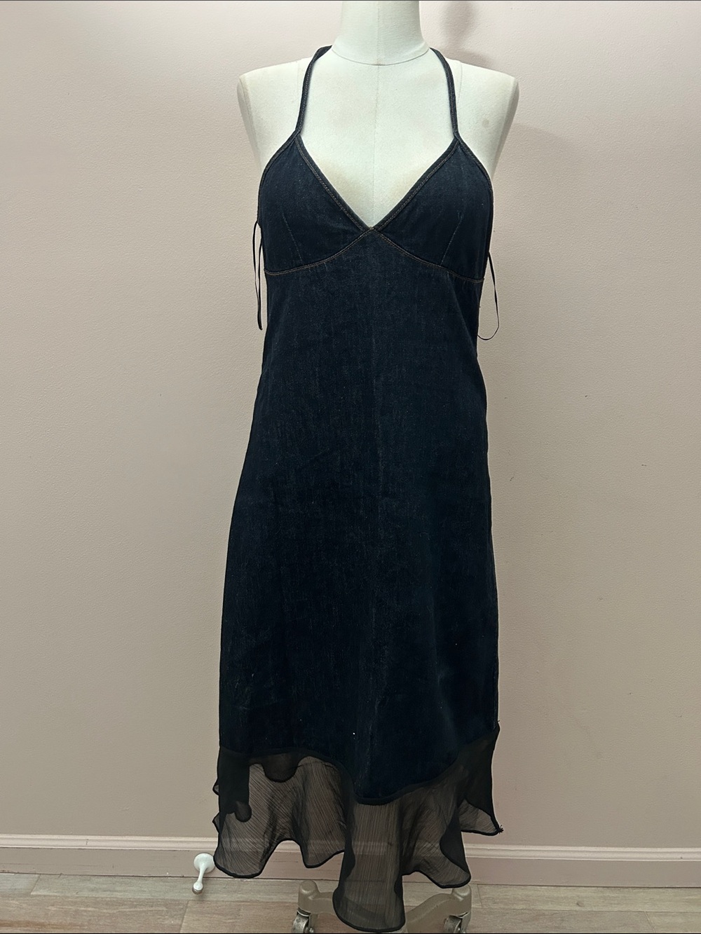 Lioness Black Halter Indigo Denim Midi Dress with Sheer Hem halter neck size S - Picture 4 of 13